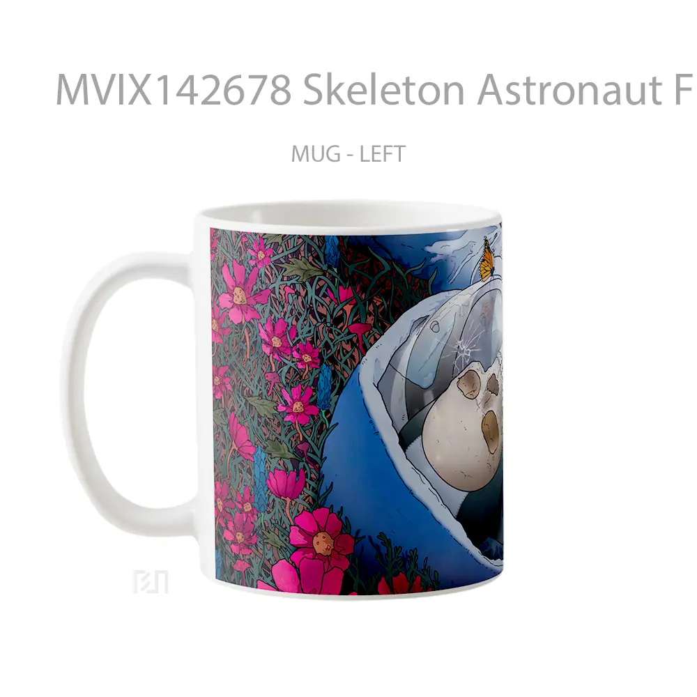 Mug Skeleton Astronaut Flower Field Digital Art Gelas Keramik Unik - All-side / Desain