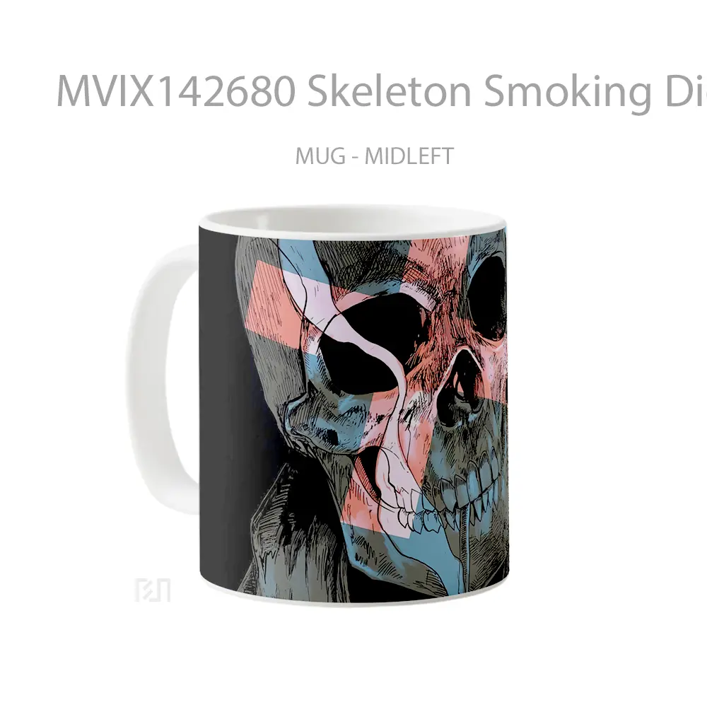 Mug Skeleton Smoking Digital Art Gelas Keramik Unik - All-side / Desain