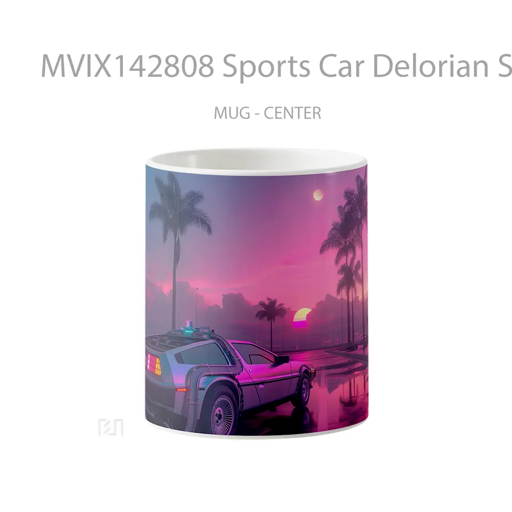 Mug Sports Car Delorian Sunset Road Palm Trees Digital Art Gelas Pemandangan Alam