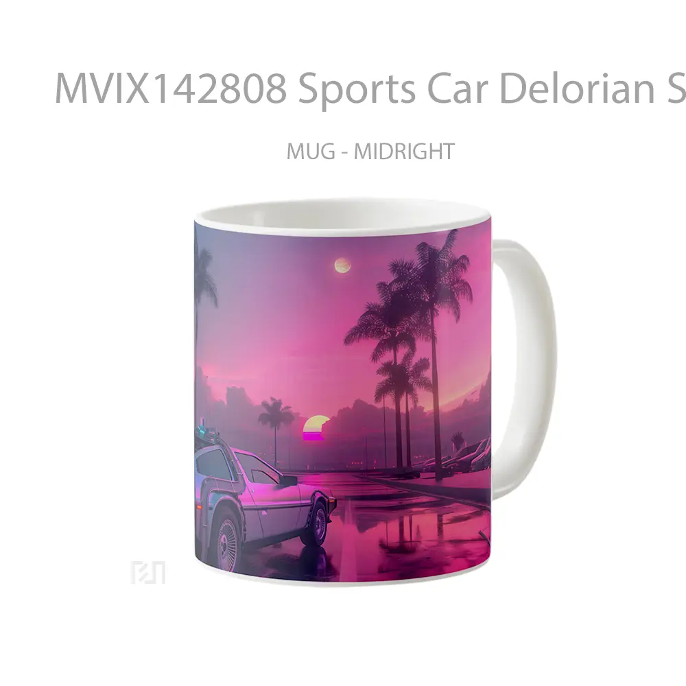 Mug Sports Car Delorian Sunset Road Palm Trees Digital Art Gelas Pemandangan Alam - All-side / Desain