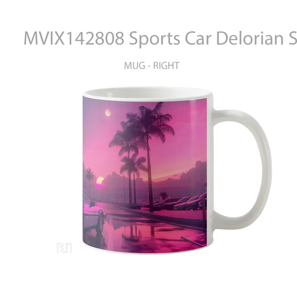 Mug Sports Car Delorian Sunset Road Palm Trees Digital Art Gelas Pemandangan Alam - All-side / Desain