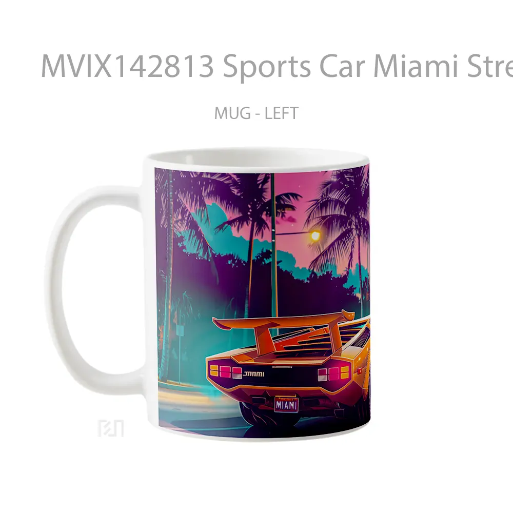 Mug Sports Car Miami Street Palm Trees Digital Art Gelas Keramik Unik - All-side / Desain