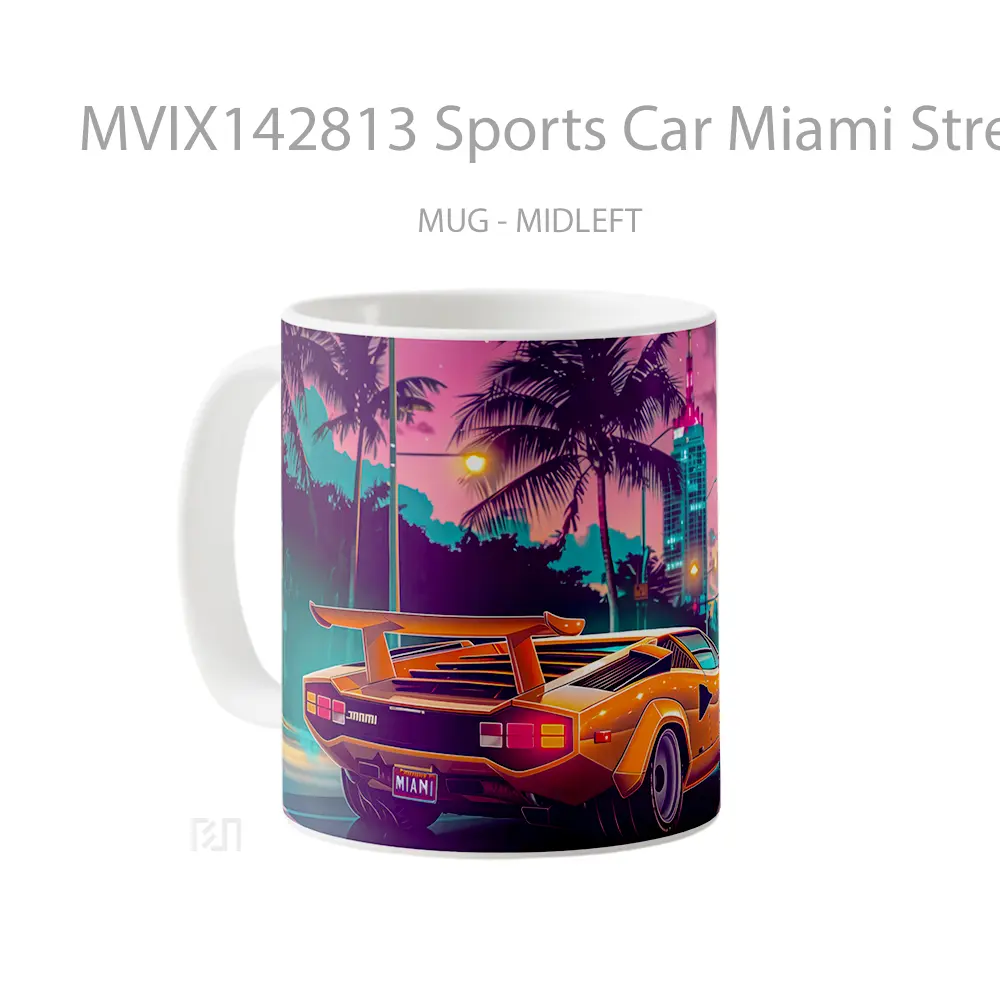 Mug Sports Car Miami Street Palm Trees Digital Art Gelas Keramik Unik - All-side / Desain