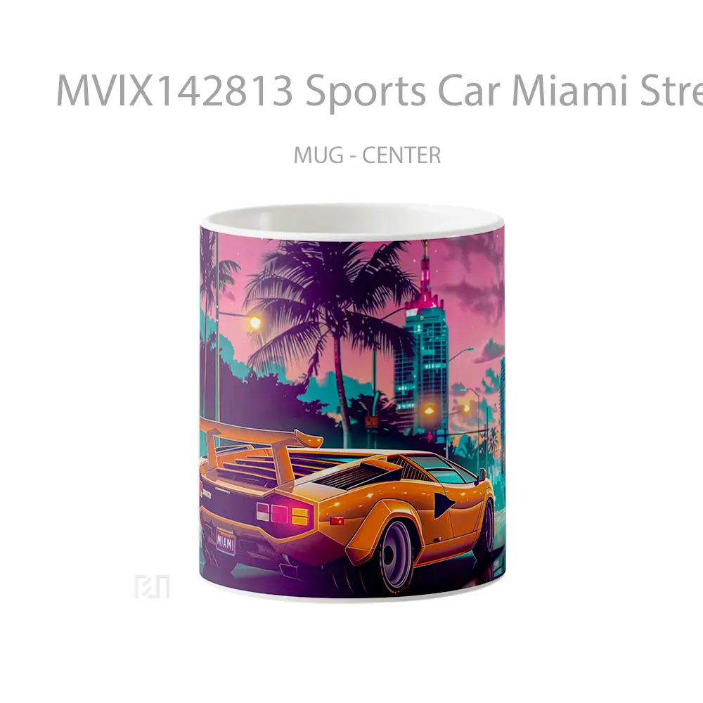 Mug Sports Car Miami Street Palm Trees Digital Art Gelas Keramik Unik
