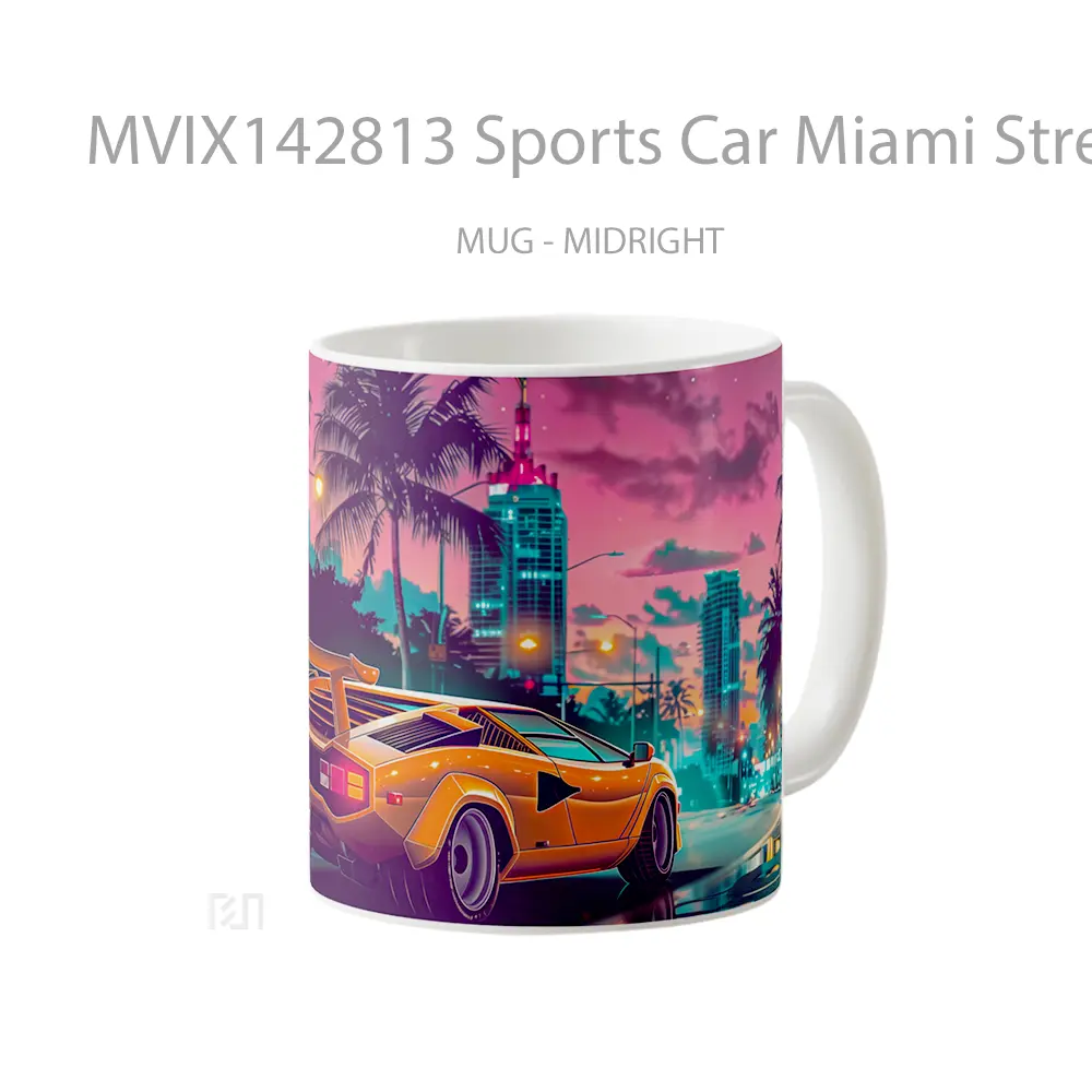 Mug Sports Car Miami Street Palm Trees Digital Art Gelas Keramik Unik - All-side / Desain