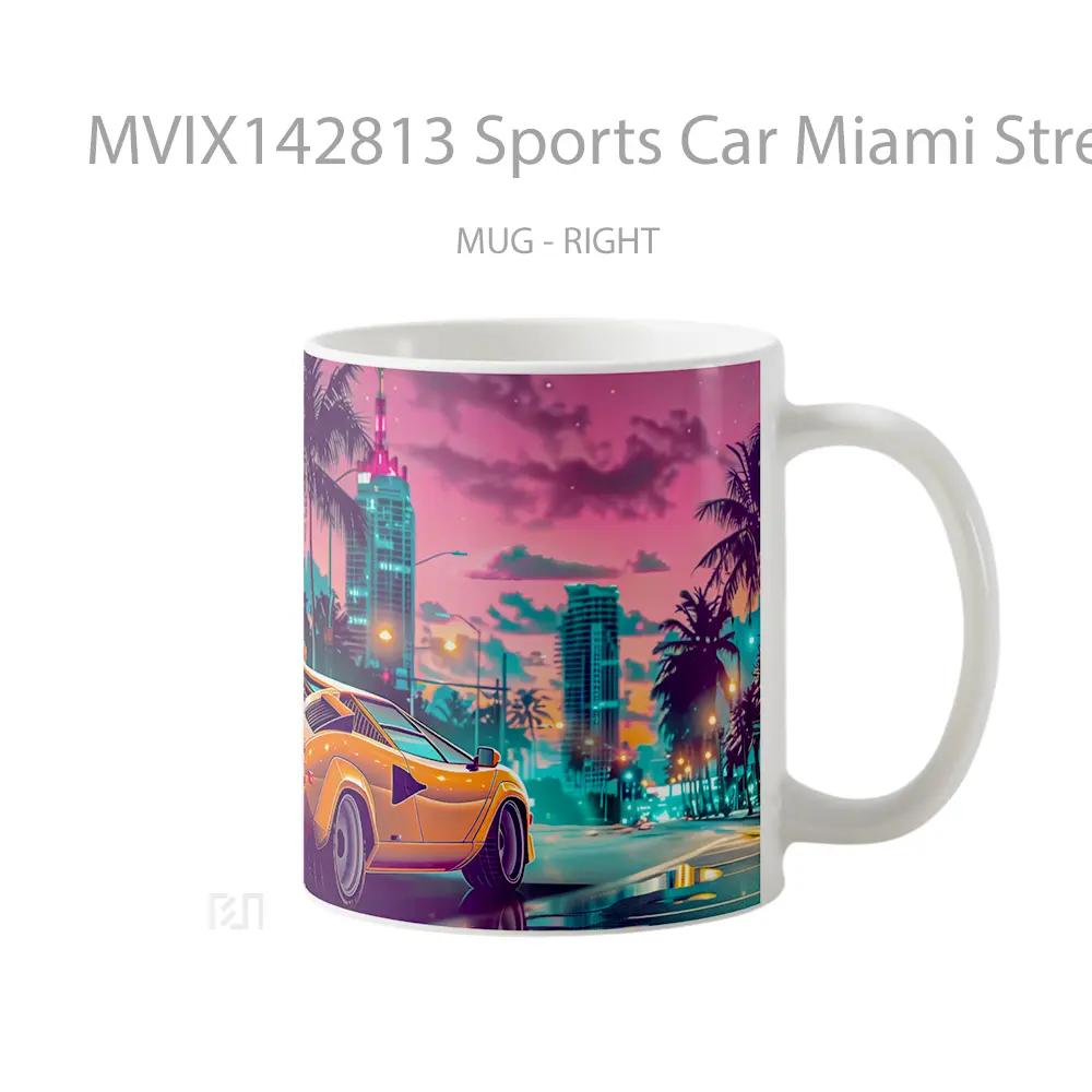Mug Sports Car Miami Street Palm Trees Digital Art Gelas Keramik Unik - All-side / Desain
