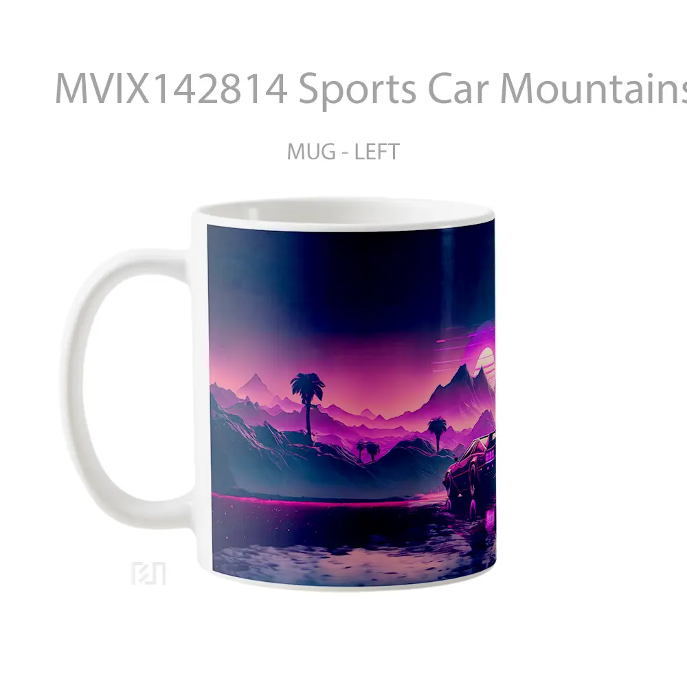 Mug Sports Car Mountains Retrowave Synthwave Gelas Pemandangan Alam - All-side / Desain