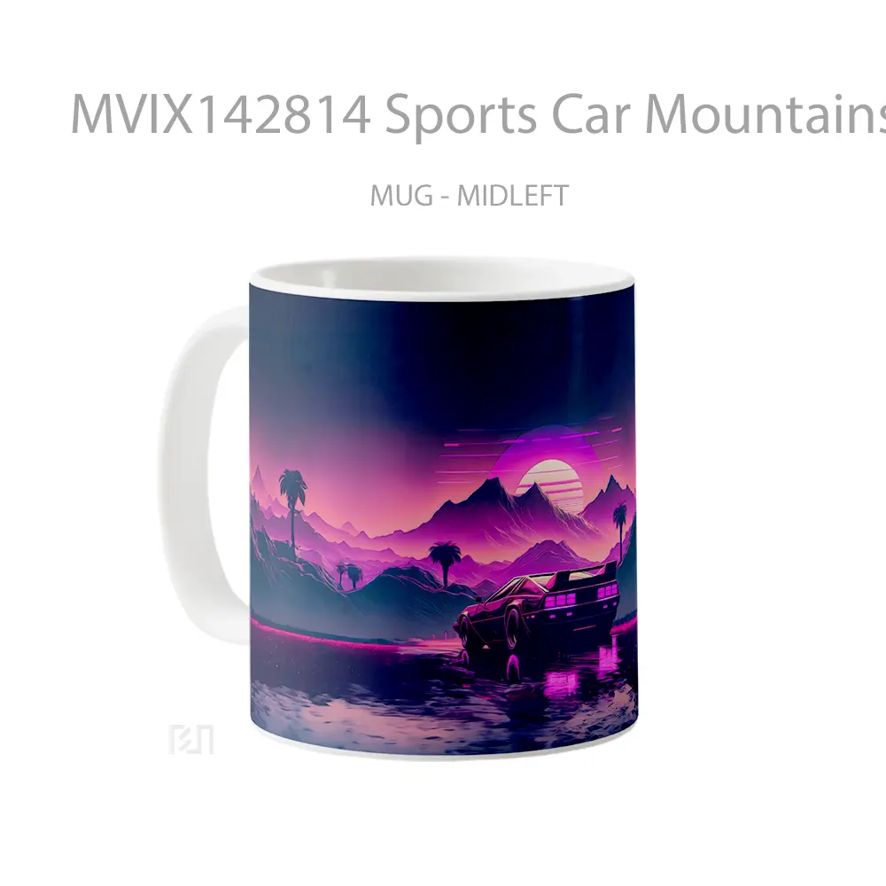 Mug Sports Car Mountains Retrowave Synthwave Gelas Pemandangan Alam - All-side / Desain
