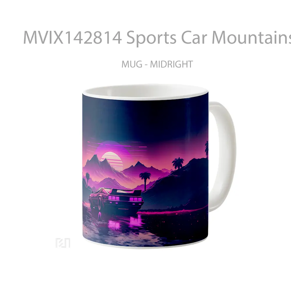 Mug Sports Car Mountains Retrowave Synthwave Gelas Pemandangan Alam - All-side / Desain