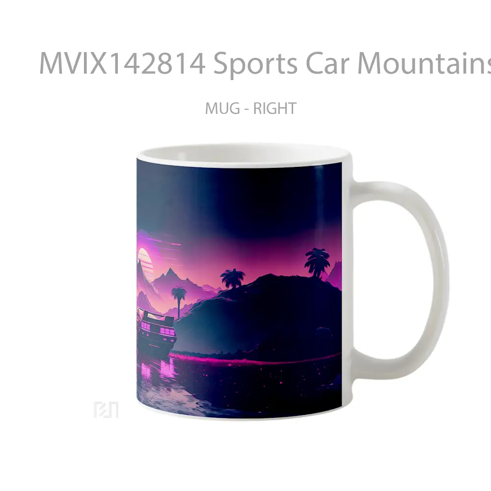 Mug Sports Car Mountains Retrowave Synthwave Gelas Pemandangan Alam - All-side / Desain