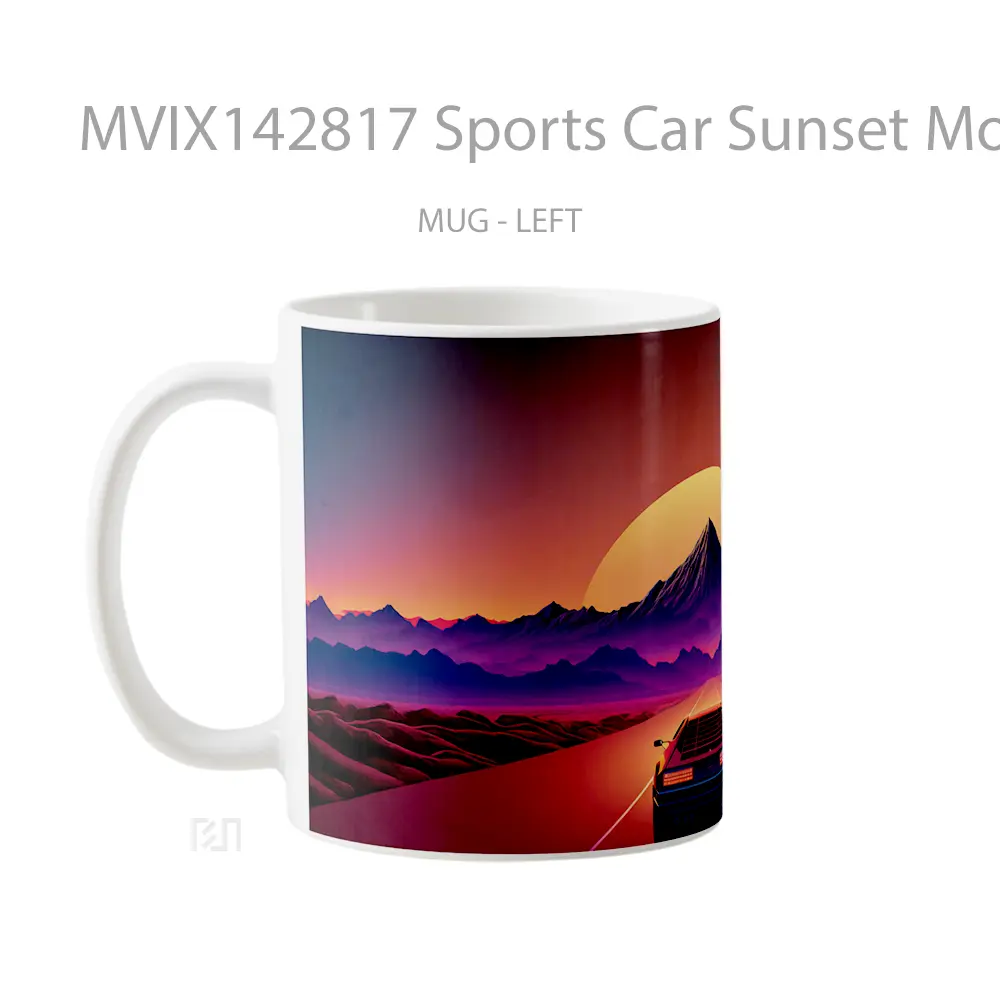 Mug Sports Car Sunset Mountains Road Scenery Synthwave Digital Art Gelas Pemandangan Alam - All-side / Desain