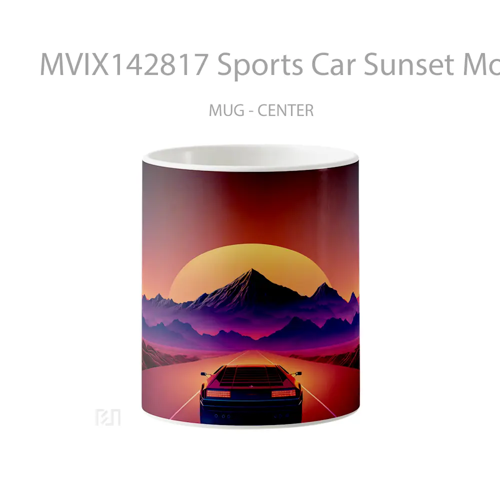 Mug Sports Car Sunset Mountains Road Scenery Synthwave Digital Art Gelas Pemandangan Alam