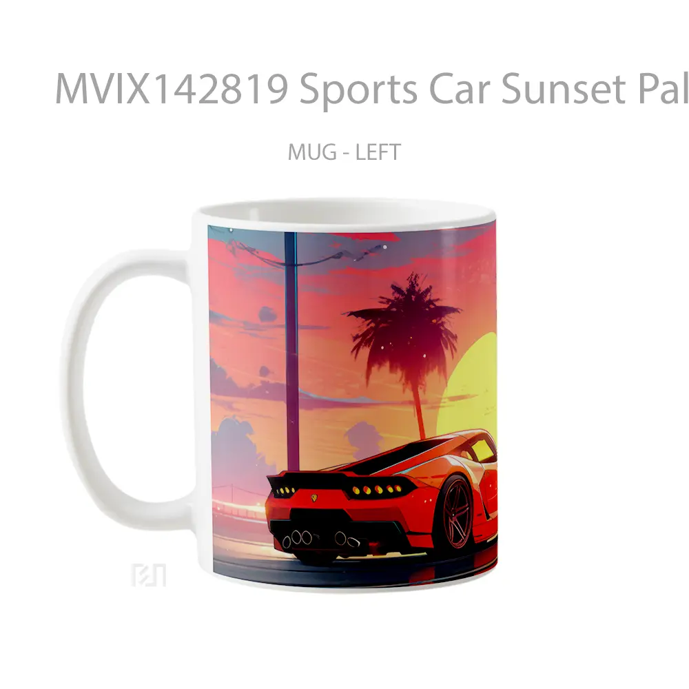 Mug Sports Car Sunset Palm Trees Digital Art Gelas Pemandangan Alam - All-side / Desain