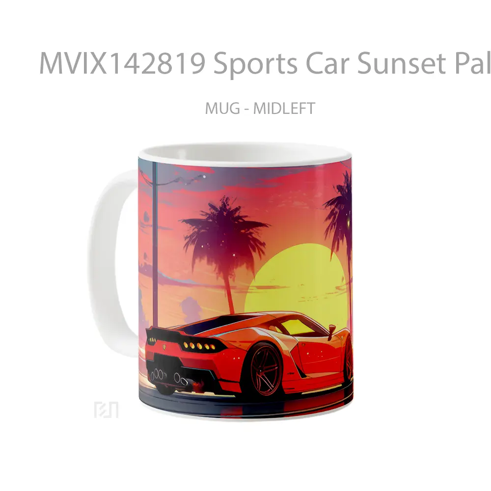 Mug Sports Car Sunset Palm Trees Digital Art Gelas Pemandangan Alam - All-side / Desain