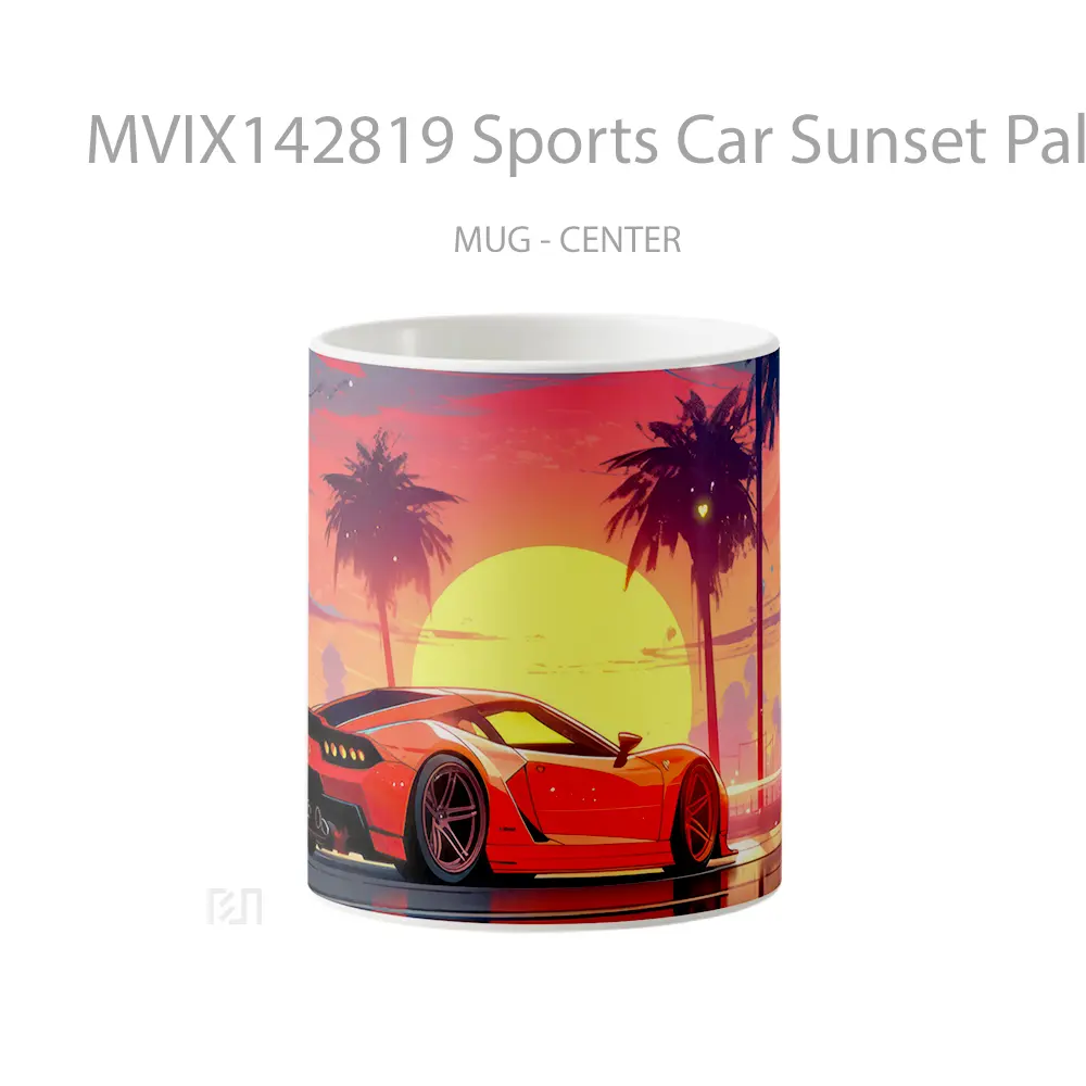 Mug Sports Car Sunset Palm Trees Digital Art Gelas Pemandangan Alam