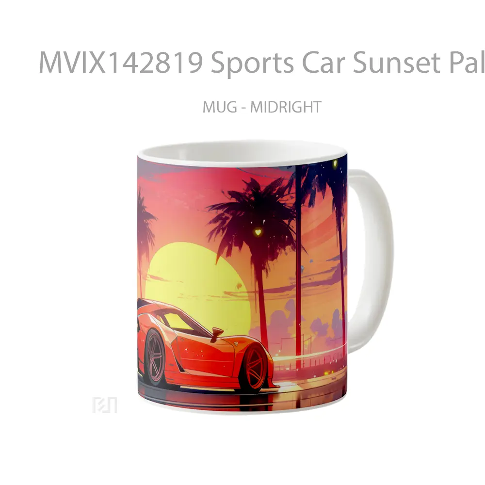 Mug Sports Car Sunset Palm Trees Digital Art Gelas Pemandangan Alam - All-side / Desain
