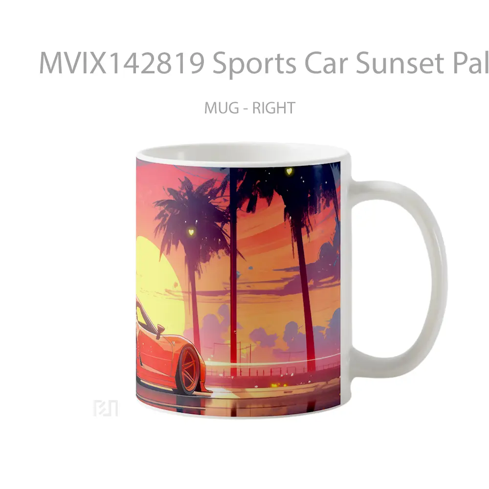 Mug Sports Car Sunset Palm Trees Digital Art Gelas Pemandangan Alam - All-side / Desain