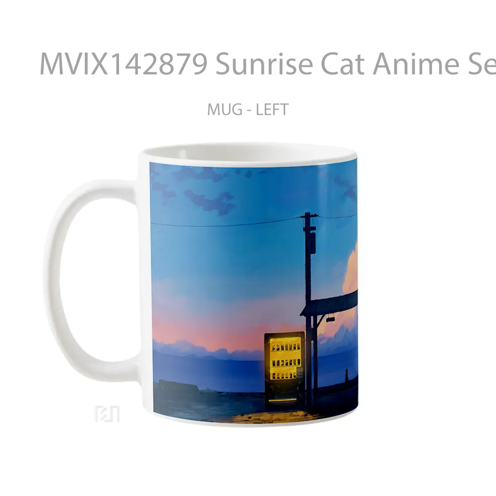 Mug Sunrise Cat Anime Seaside Scenery Gelas Hewan Lucu - All-side / Desain