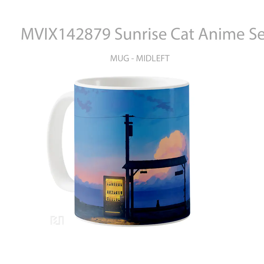 Mug Sunrise Cat Anime Seaside Scenery Gelas Hewan Lucu - All-side / Desain