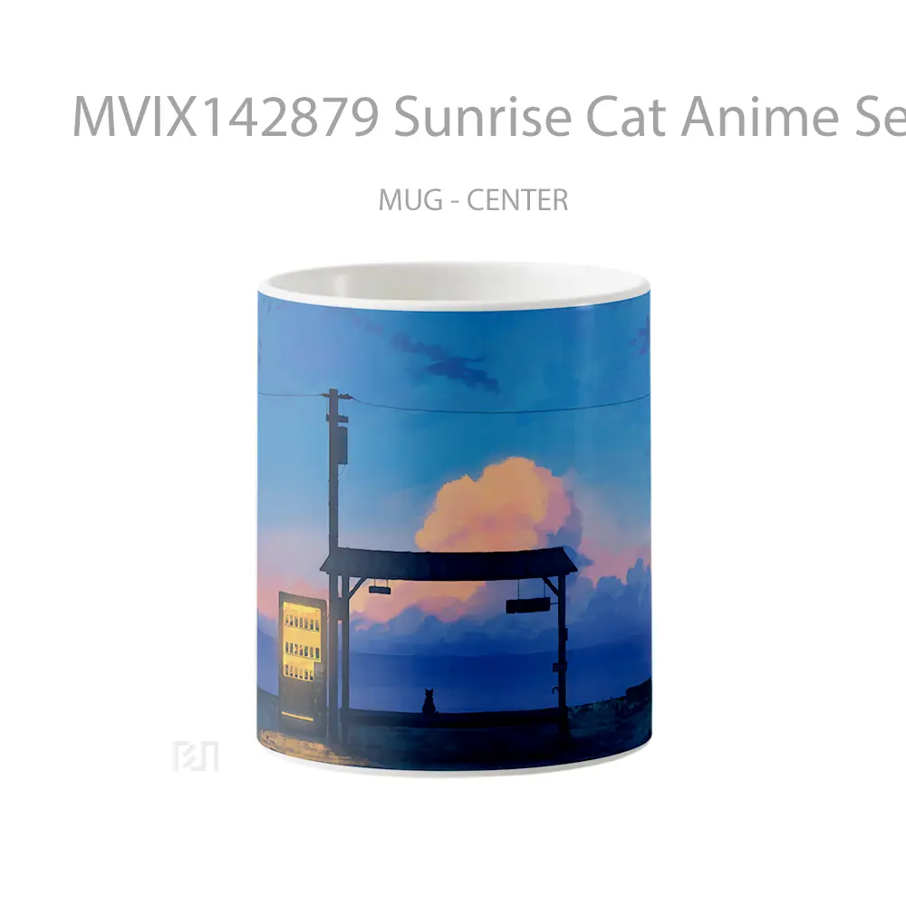 Mug Sunrise Cat Anime Seaside Scenery Gelas Hewan Lucu