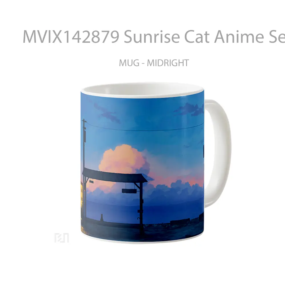 Mug Sunrise Cat Anime Seaside Scenery Gelas Hewan Lucu - All-side / Desain