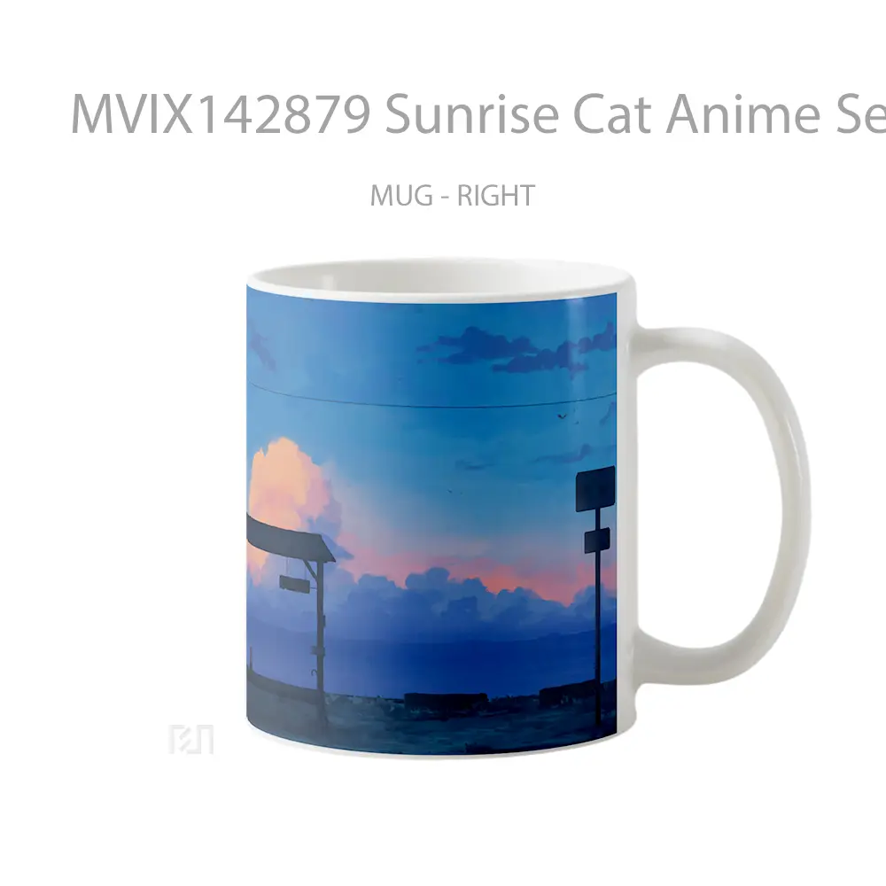 Mug Sunrise Cat Anime Seaside Scenery Gelas Hewan Lucu - All-side / Desain