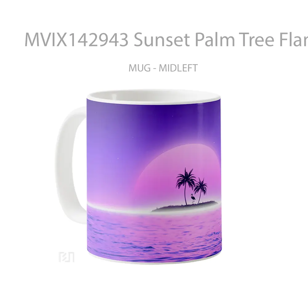 Mug Sunset Palm Tree Flamingo Vaporwave Retrowave Digital Art Gelas Pemandangan Alam - All-side / Desain