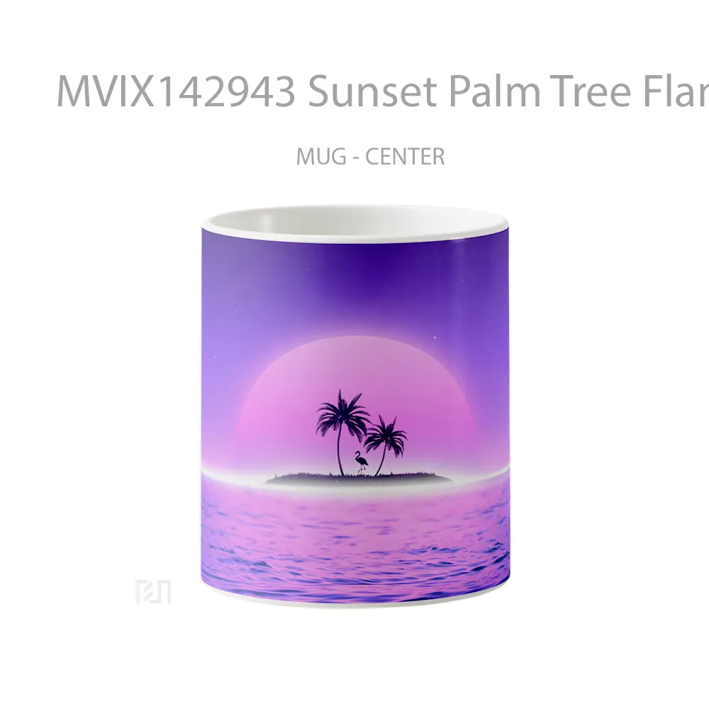 Mug Sunset Palm Tree Flamingo Vaporwave Retrowave Digital Art Gelas Pemandangan Alam