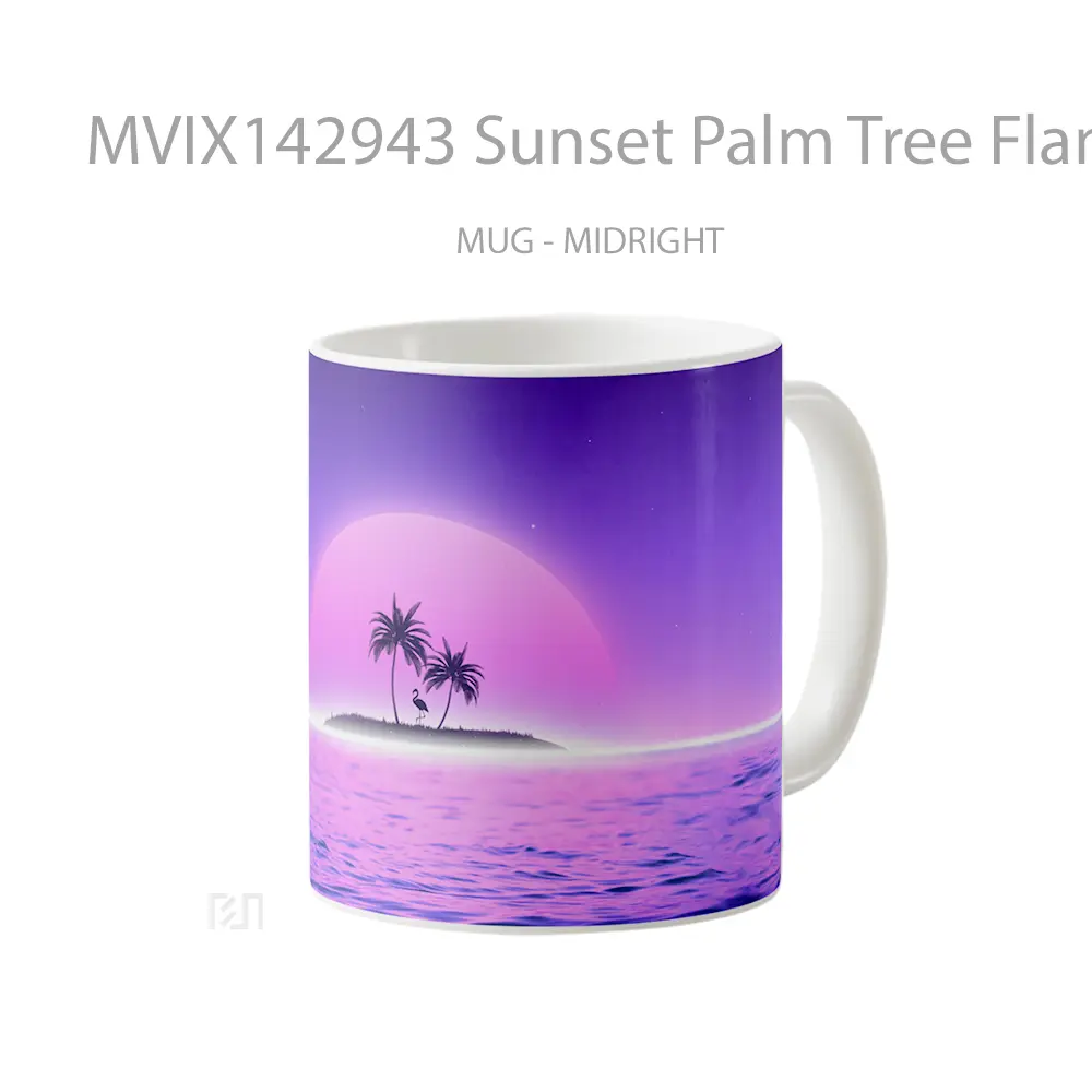 Mug Sunset Palm Tree Flamingo Vaporwave Retrowave Digital Art Gelas Pemandangan Alam - All-side / Desain