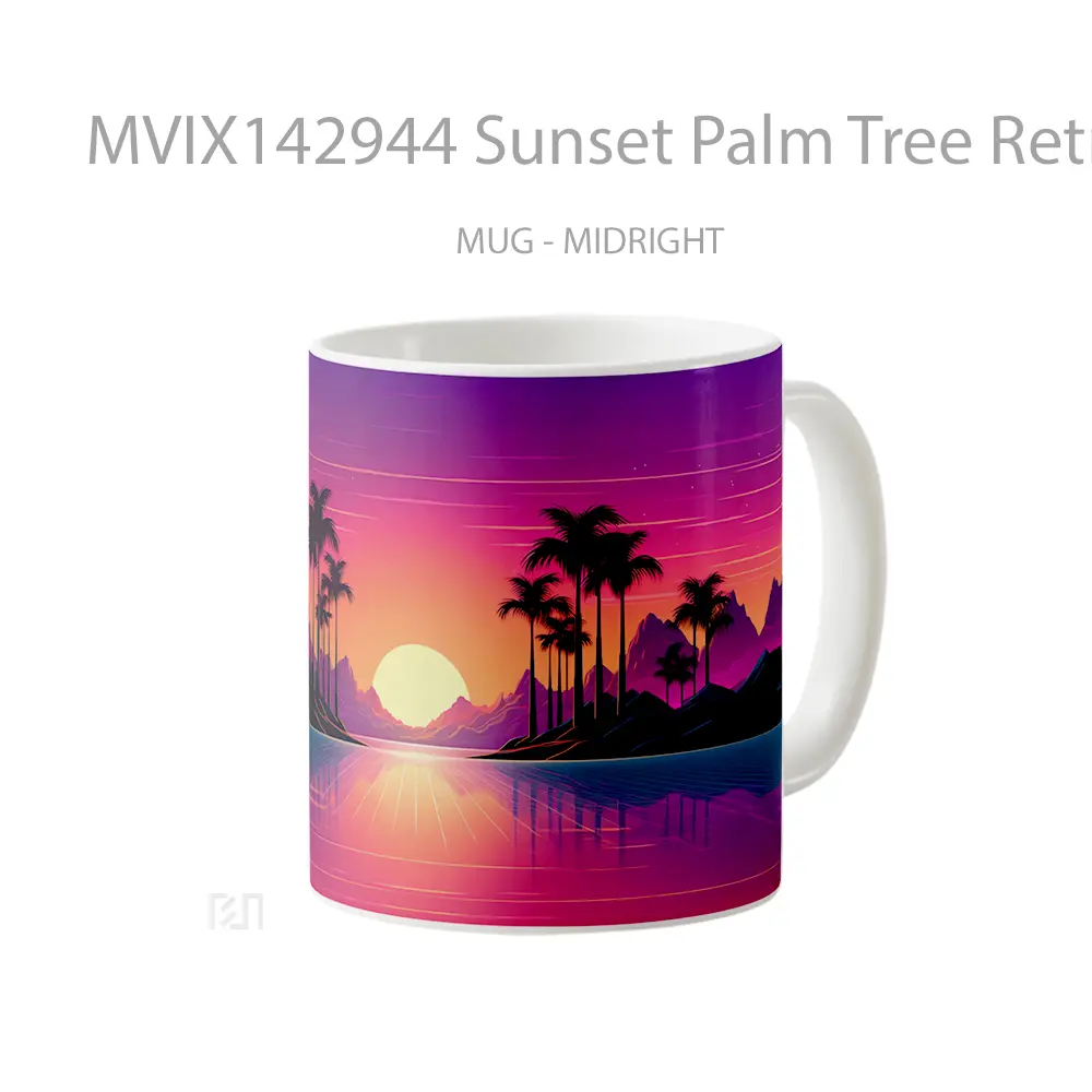 Mug Sunset Palm Tree Retrowave Digital Art Gelas Pemandangan Alam - All-side / Desain