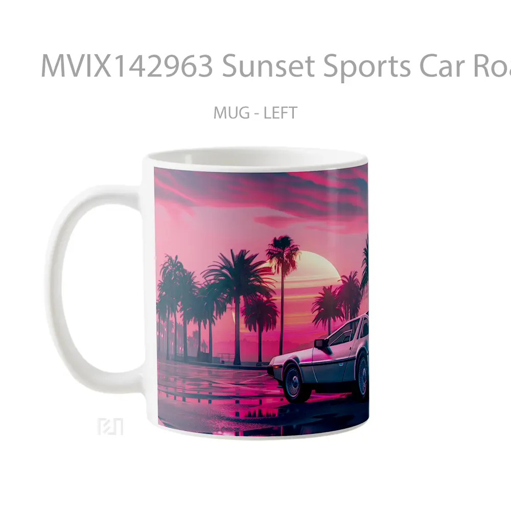 Mug Sunset Sports Car Road Palm Trees Digital Art Gelas Pemandangan Alam - All-side / Desain