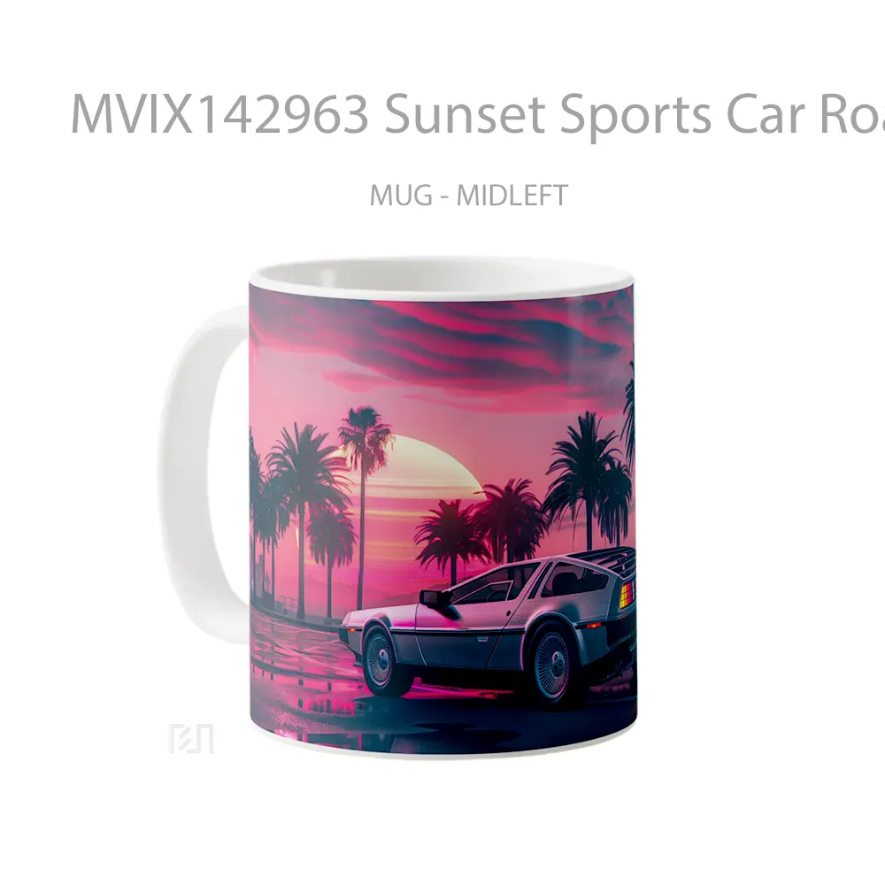 Mug Sunset Sports Car Road Palm Trees Digital Art Gelas Pemandangan Alam - All-side / Desain