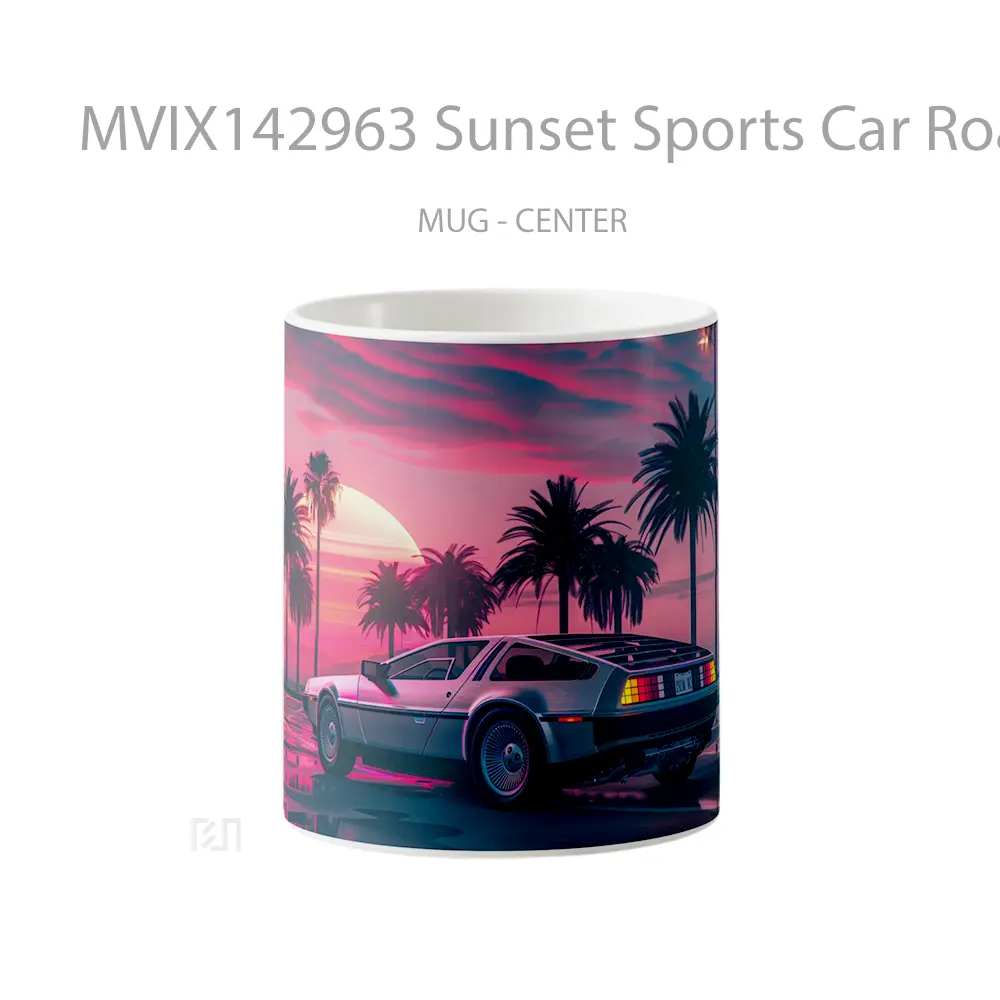 Mug Sunset Sports Car Road Palm Trees Digital Art Gelas Pemandangan Alam