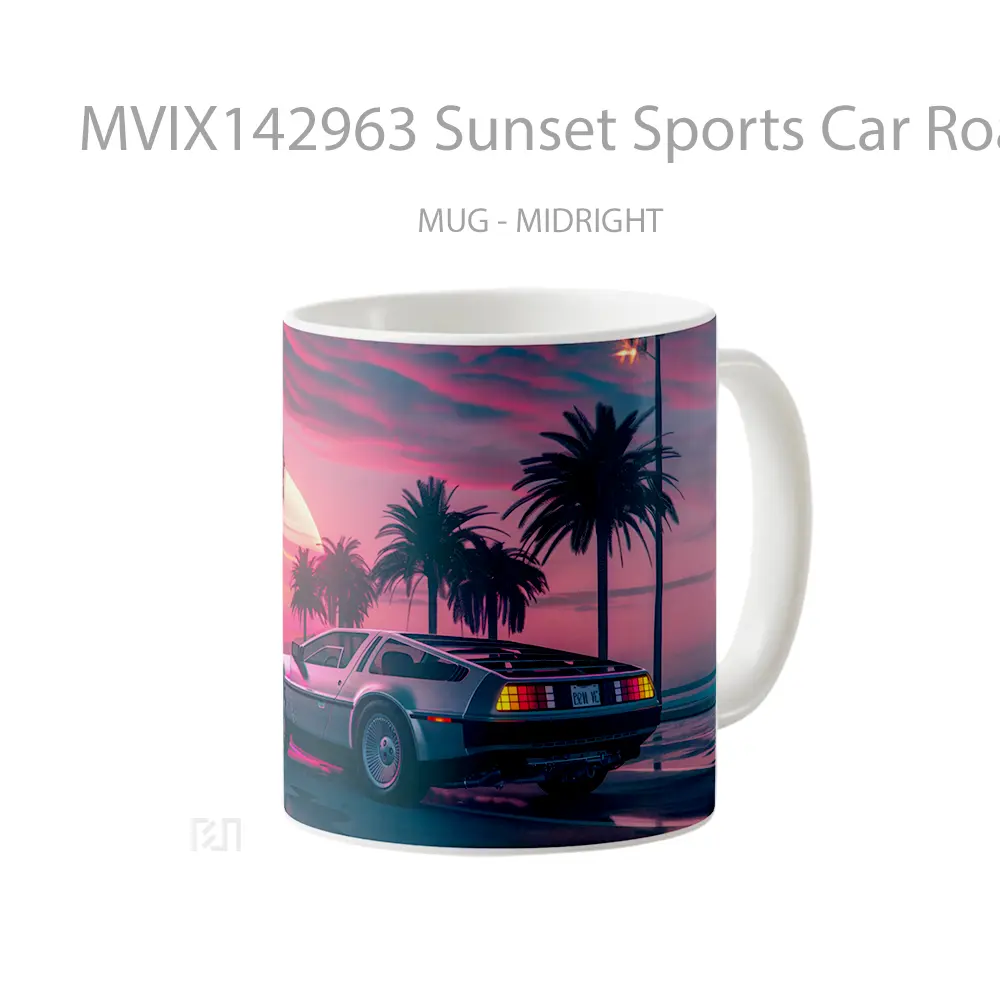 Mug Sunset Sports Car Road Palm Trees Digital Art Gelas Pemandangan Alam - All-side / Desain