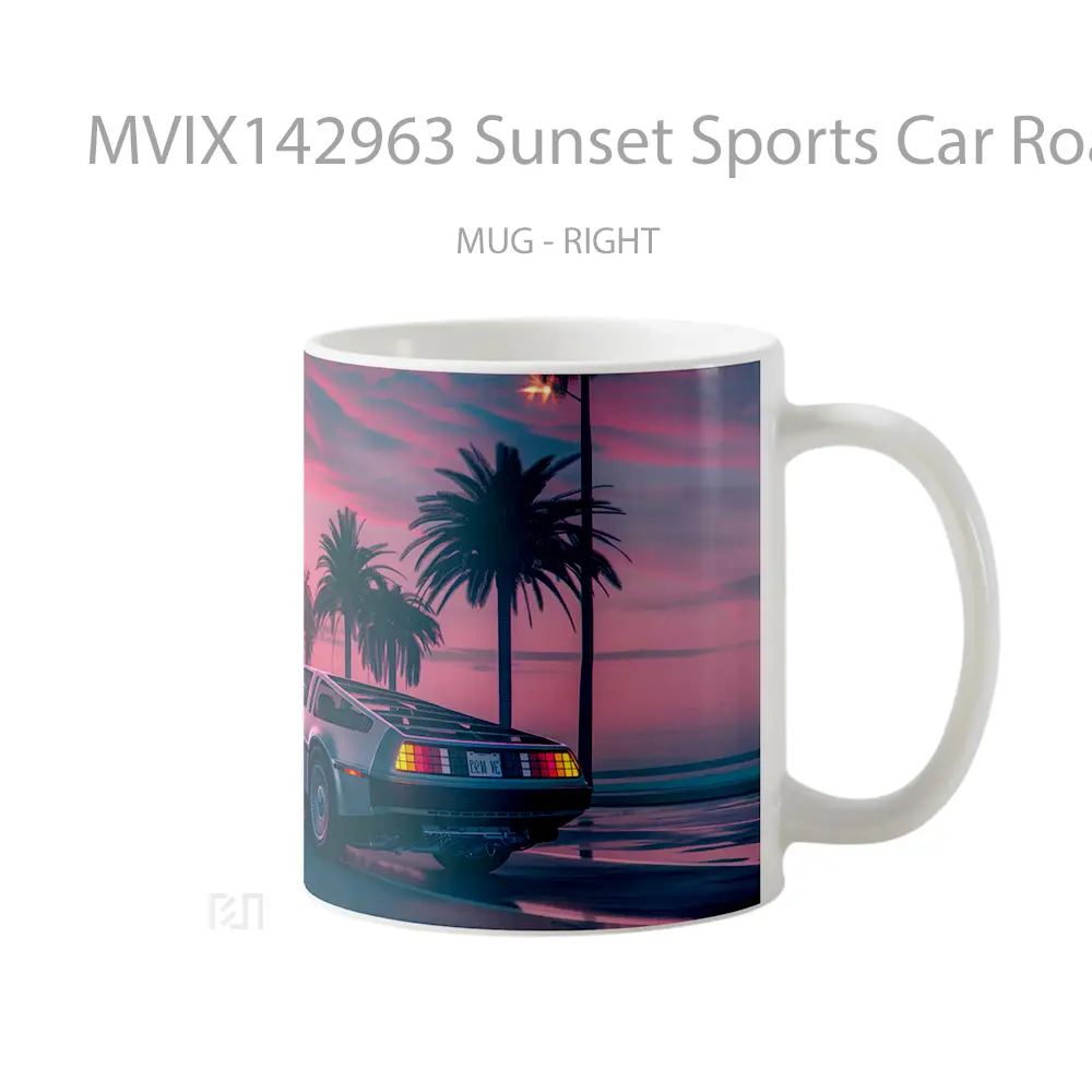 Mug Sunset Sports Car Road Palm Trees Digital Art Gelas Pemandangan Alam - All-side / Desain