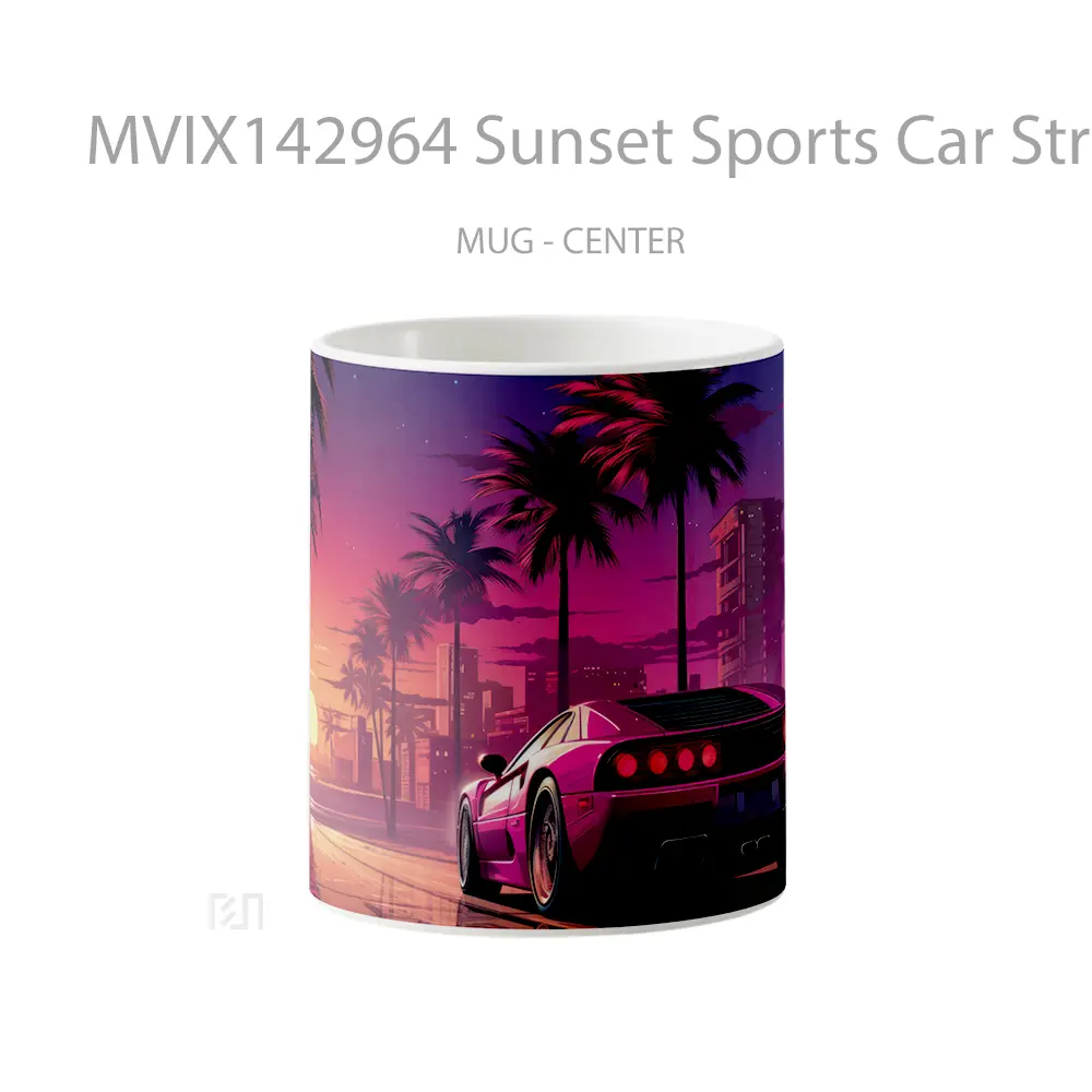 Mug Sunset Sports Car Street Palm Tree Gelas Pemandangan Alam