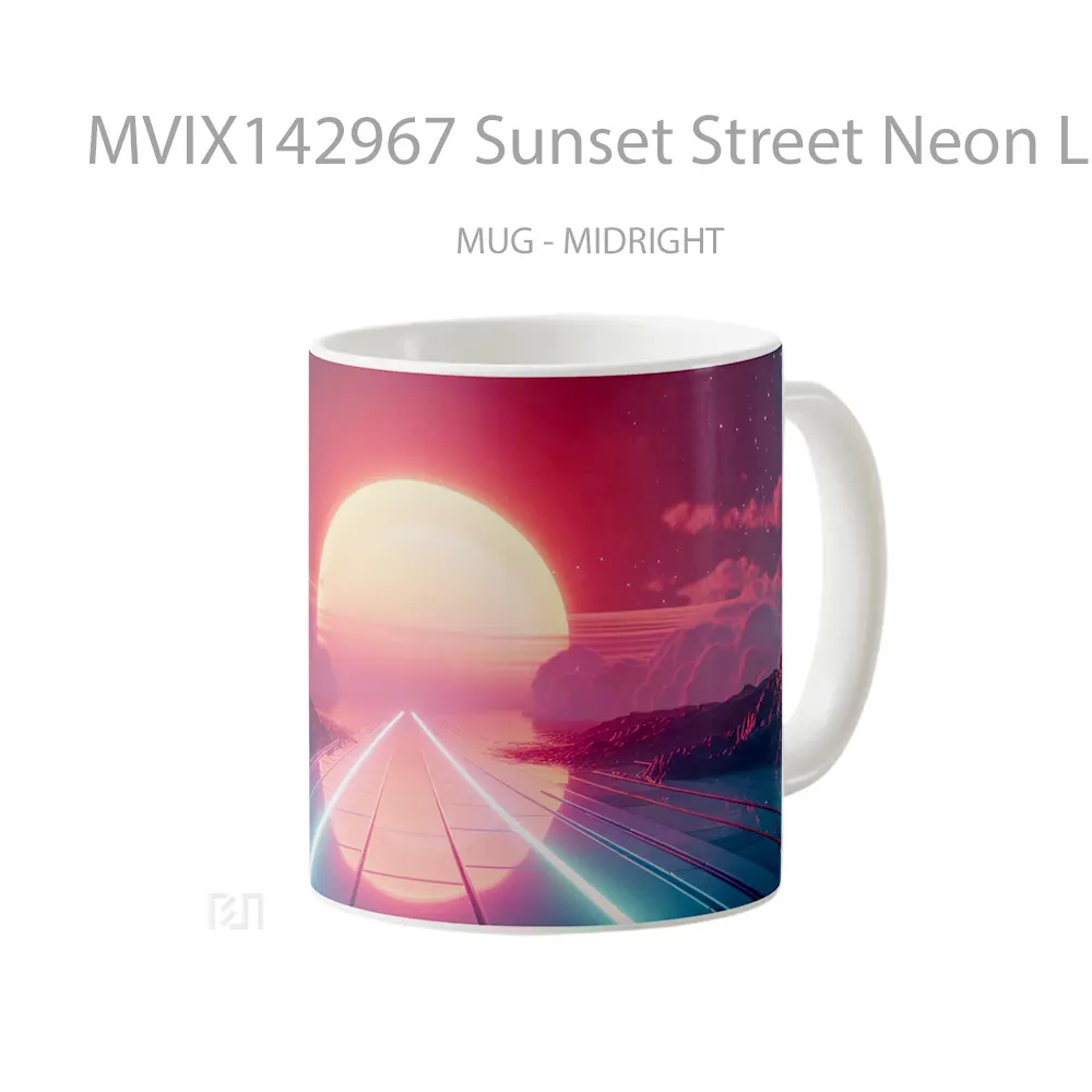 Mug Sunset Street Neon Lights Digital Art Gelas Pemandangan Alam - All-side / Desain