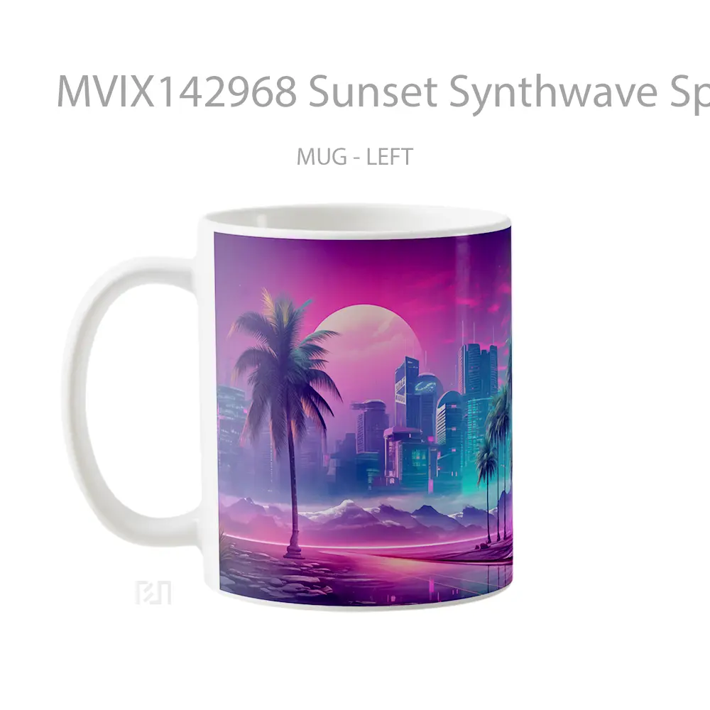 Mug Sunset Synthwave Sports Car City Palm Trees Digital Art Gelas Pemandangan Alam - All-side / Desain