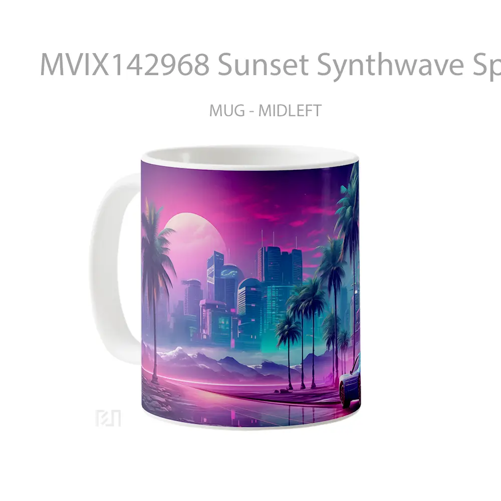 Mug Sunset Synthwave Sports Car City Palm Trees Digital Art Gelas Pemandangan Alam - All-side / Desain