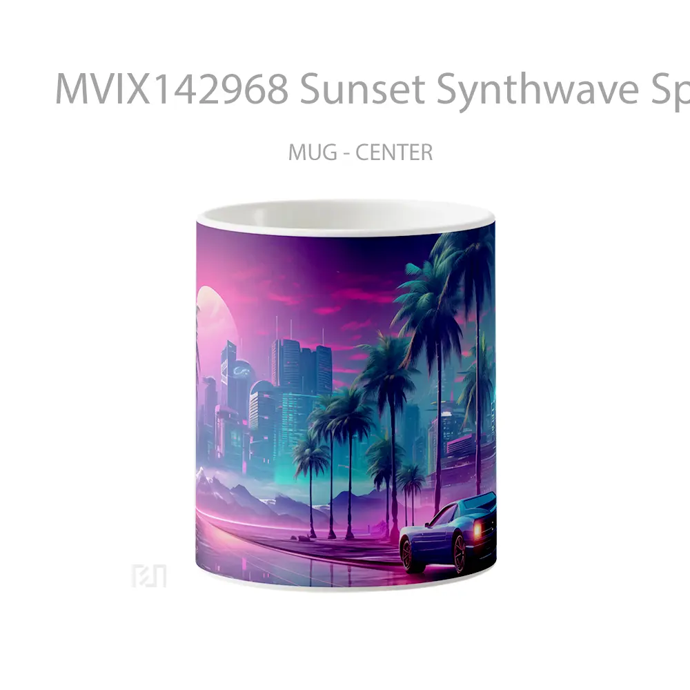 Mug Sunset Synthwave Sports Car City Palm Trees Digital Art Gelas Pemandangan Alam
