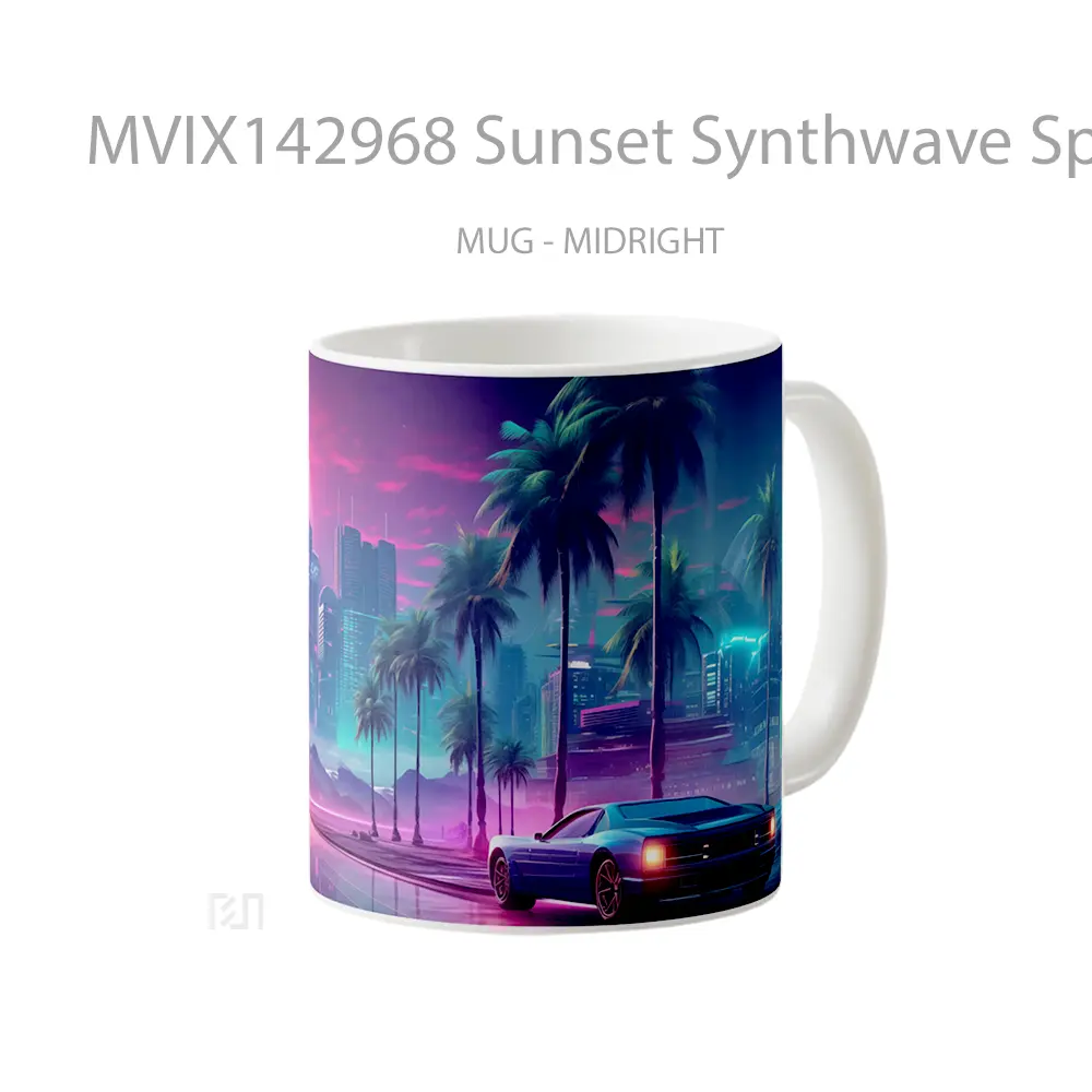 Mug Sunset Synthwave Sports Car City Palm Trees Digital Art Gelas Pemandangan Alam - All-side / Desain