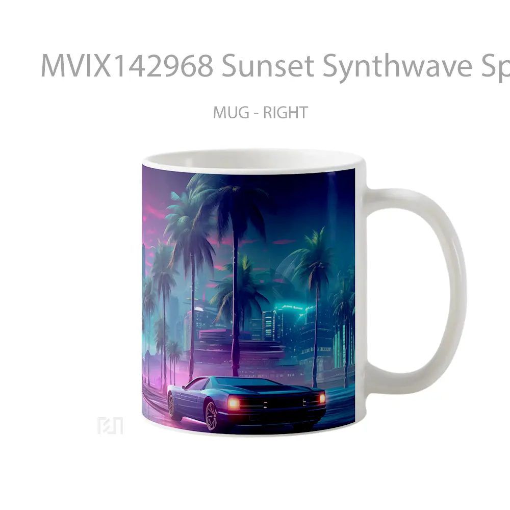 Mug Sunset Synthwave Sports Car City Palm Trees Digital Art Gelas Pemandangan Alam - All-side / Desain