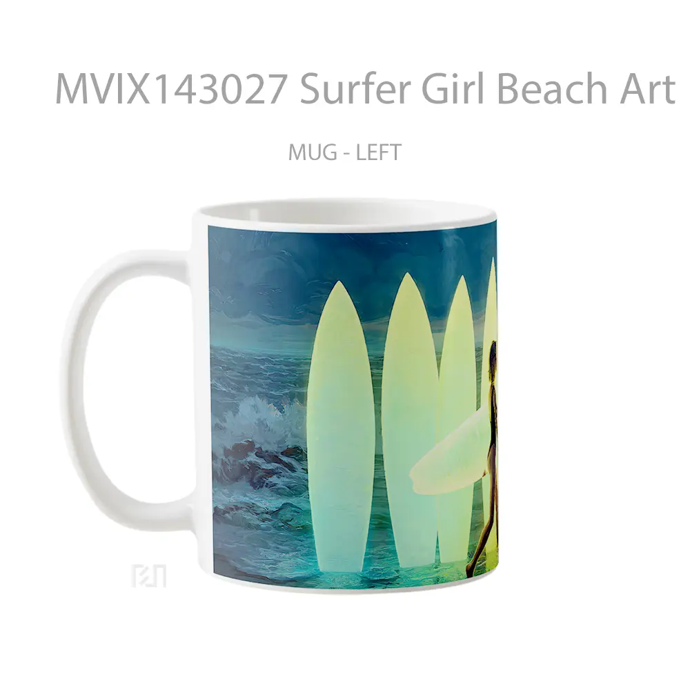 Mug Surfer Girl Beach Art Digital Art Gelas Pemandangan Alam - All-side / Desain