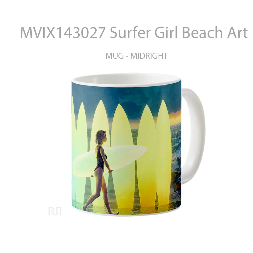 Mug Surfer Girl Beach Art Digital Art Gelas Pemandangan Alam - All-side / Desain