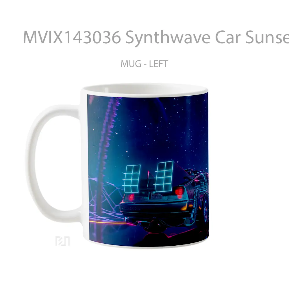 Mug Synthwave Car Sunset Palm Tree Digital Art Gelas Pemandangan Alam - All-side / Desain