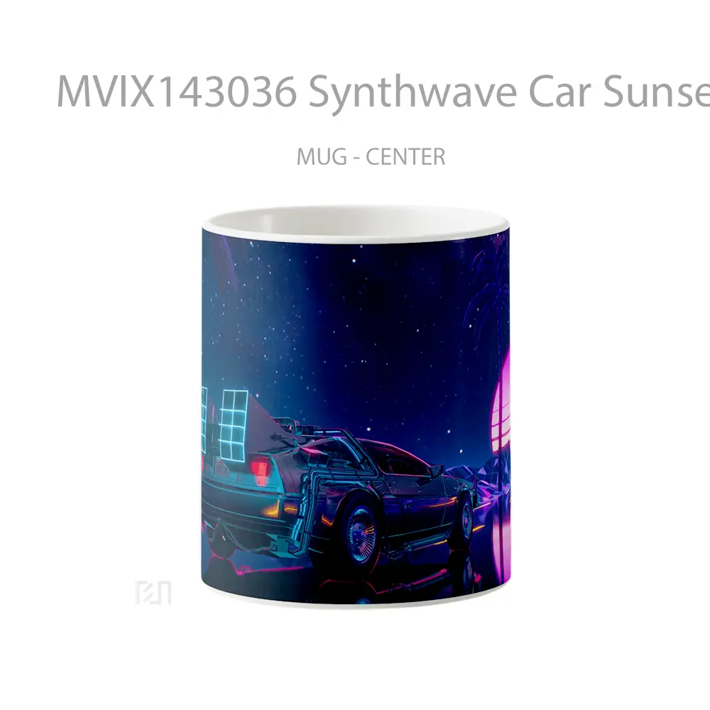 Mug Synthwave Car Sunset Palm Tree Digital Art Gelas Pemandangan Alam