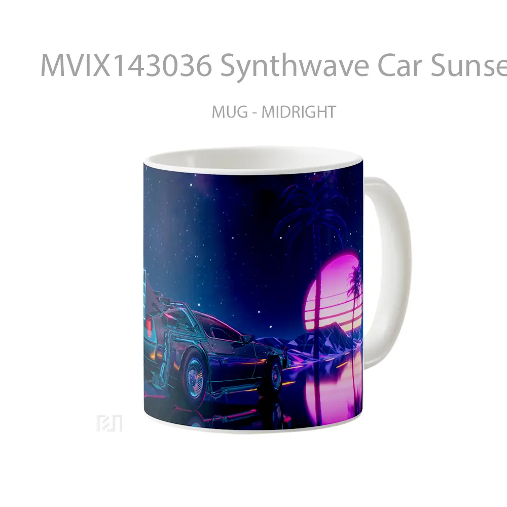 Mug Synthwave Car Sunset Palm Tree Digital Art Gelas Pemandangan Alam - All-side / Desain