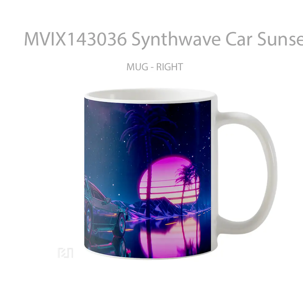 Mug Synthwave Car Sunset Palm Tree Digital Art Gelas Pemandangan Alam - All-side / Desain