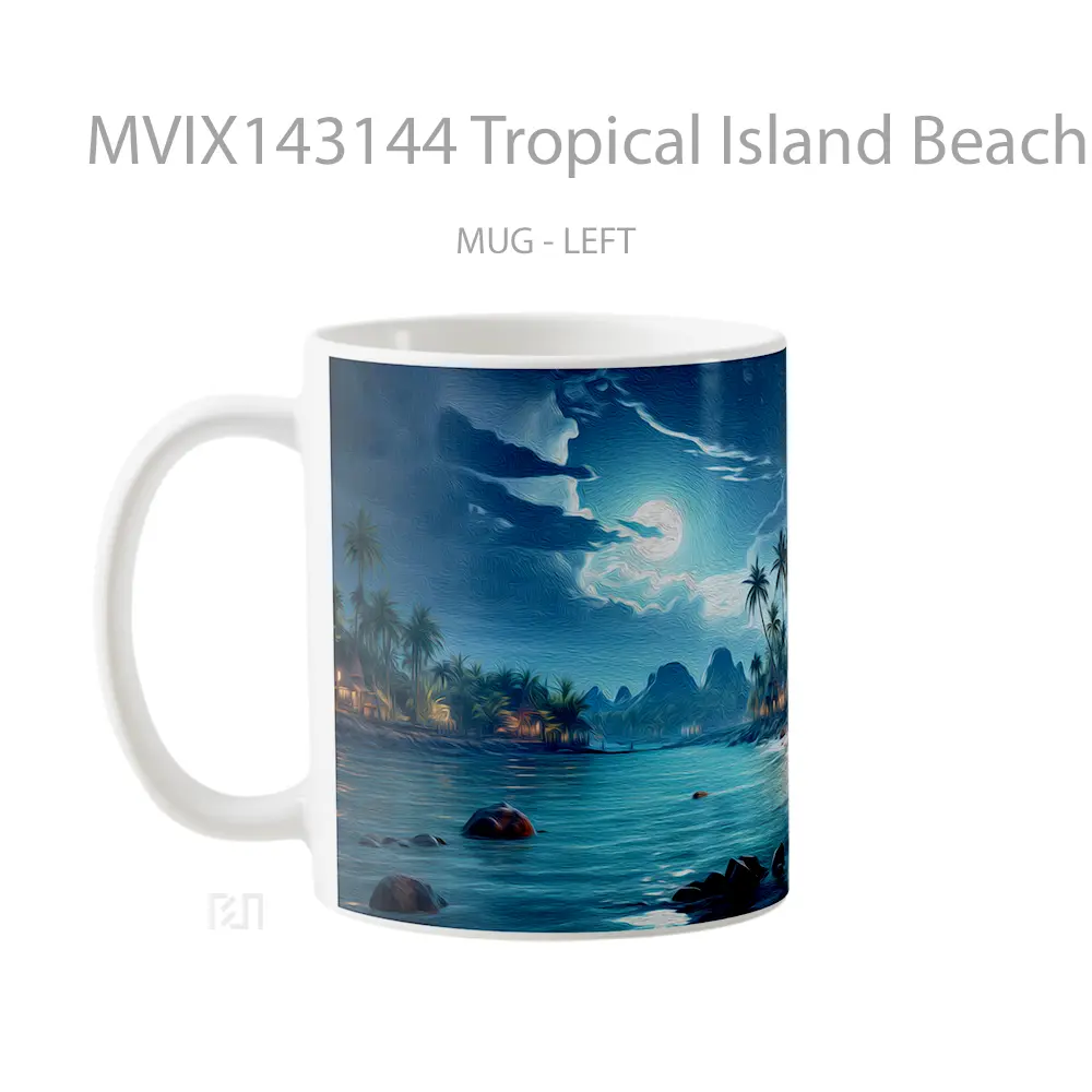 Mug Tropical Island Beach Night Moon Palm Tree Sceney Digital Art Gelas Pemandangan Alam - All-side / Desain
