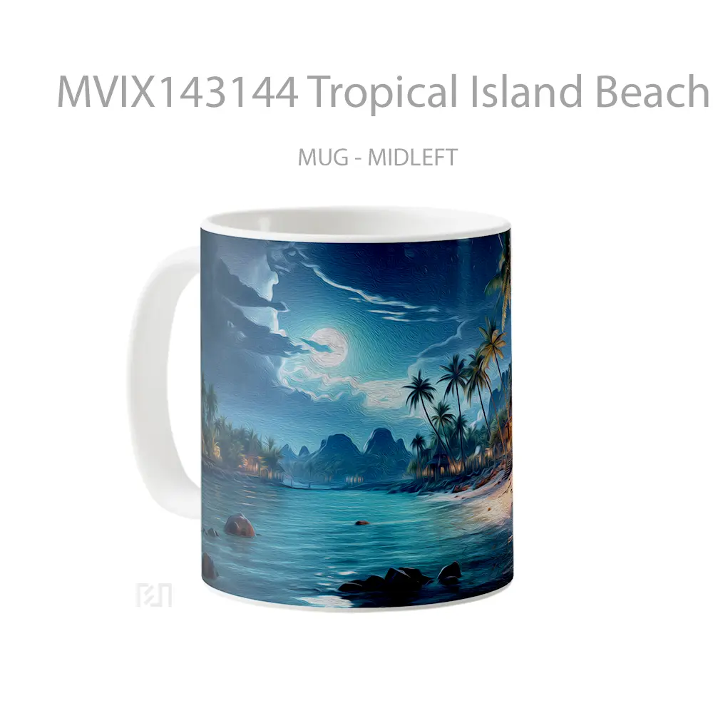 Mug Tropical Island Beach Night Moon Palm Tree Sceney Digital Art Gelas Pemandangan Alam - All-side / Desain